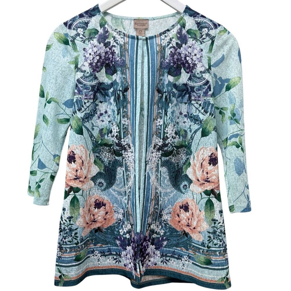 CHICO'S Floral Top Light Cardigan Jacket Size Small (Chicos 0) Blue Lilacs Sheer